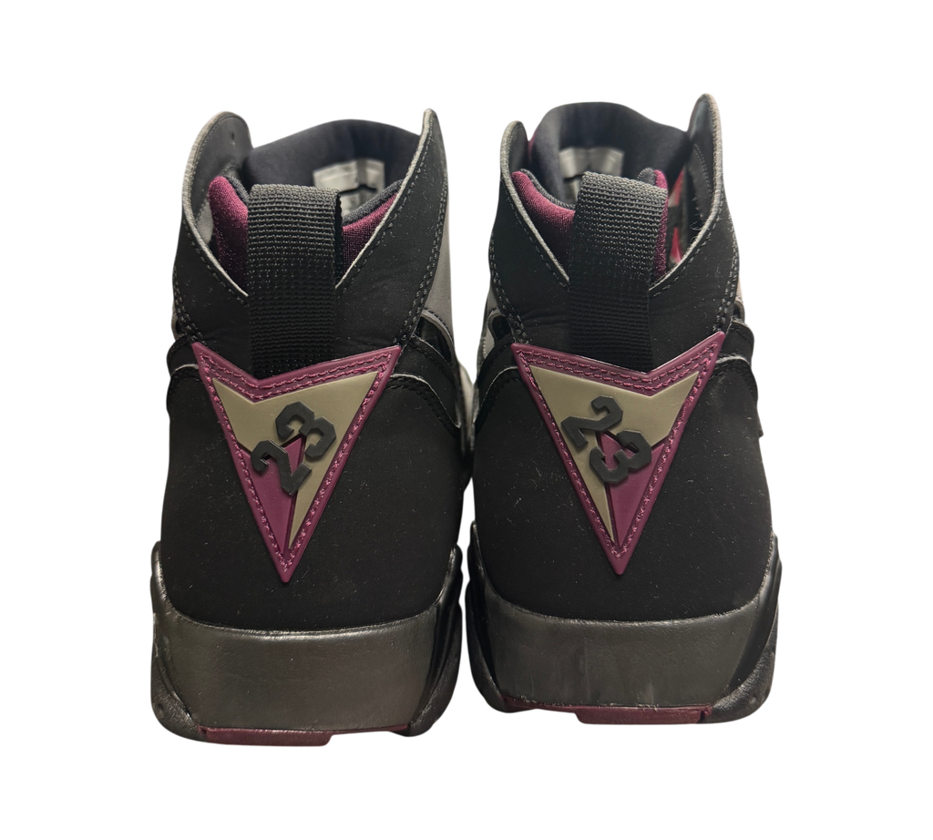 Genesis Boutique Jordan 7 Bordeaux sneakers showing the black and burgundy heel detail with the number 23 emblem