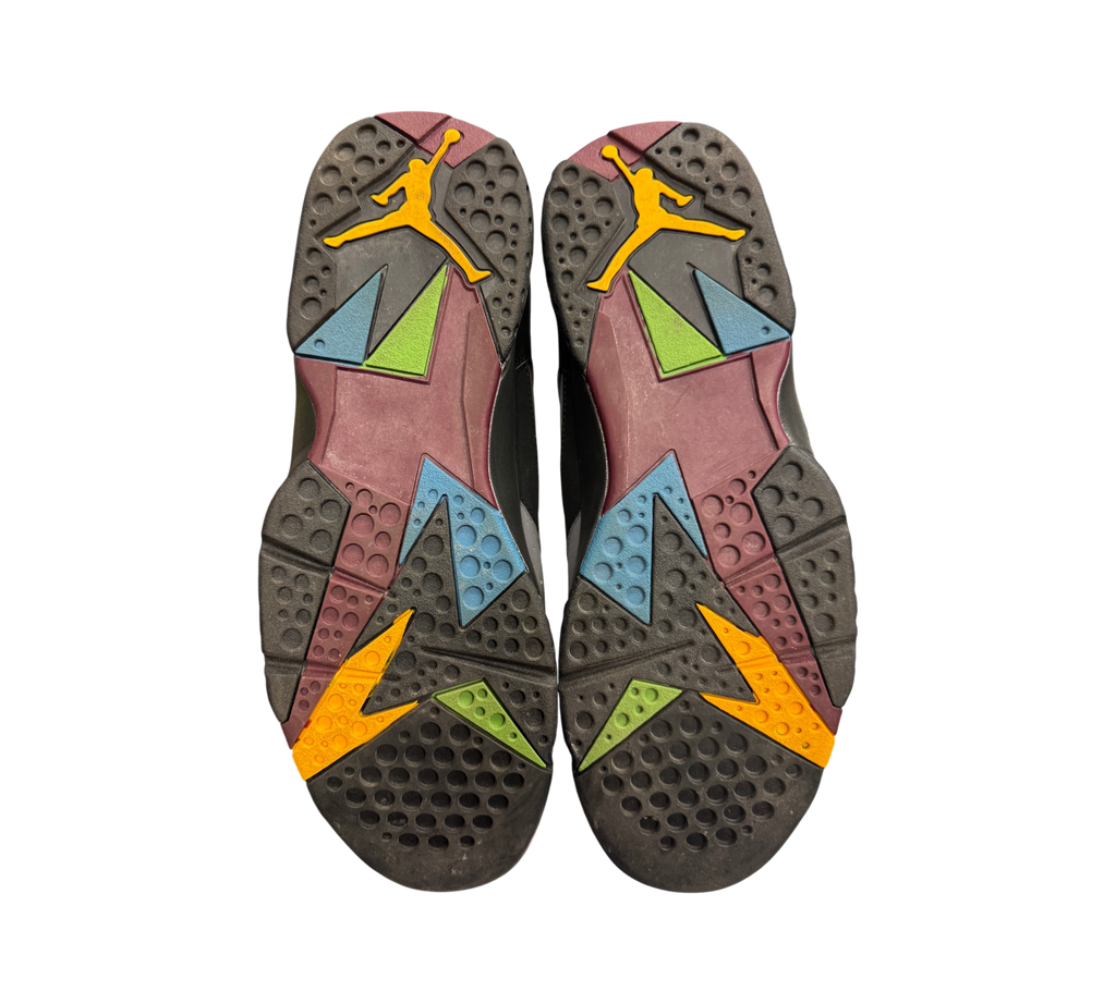 Genesis Boutique used Jordan 7 Bordeaux sneakers showing the multi-colored rubber outsoles with Jumpman branding.