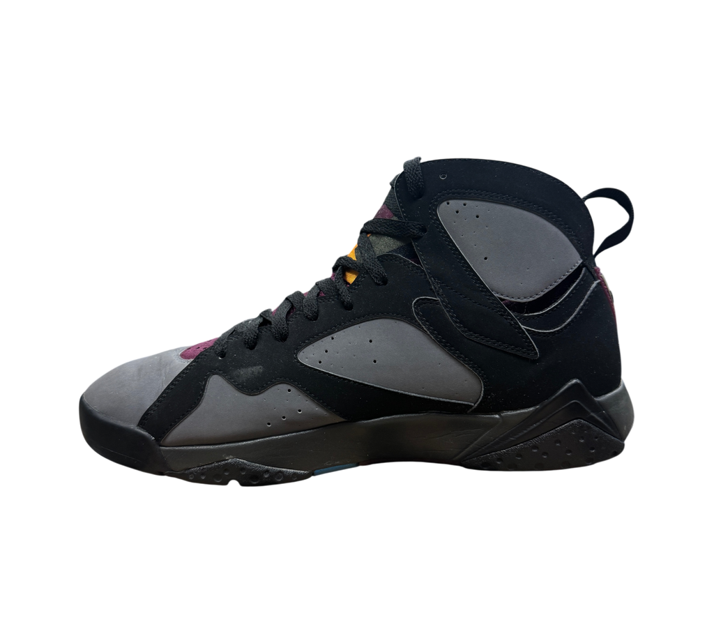 Genesis Boutique Jordan 7 Bordeaux sneaker in black and grey nubuck leather, side profile view.
