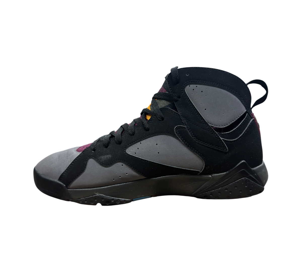 Genesis Boutique Jordan 7 Bordeaux sneaker in black and grey nubuck leather, side profile view.