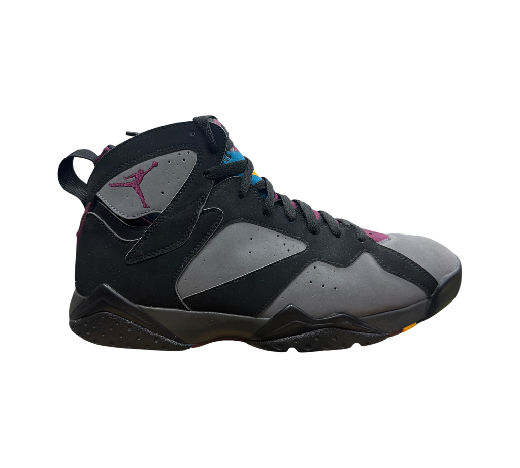 Genesis Boutique Jordan 7 Bordeaux sneakers in black and grey nubuck with purple and yellow accents, side profile view