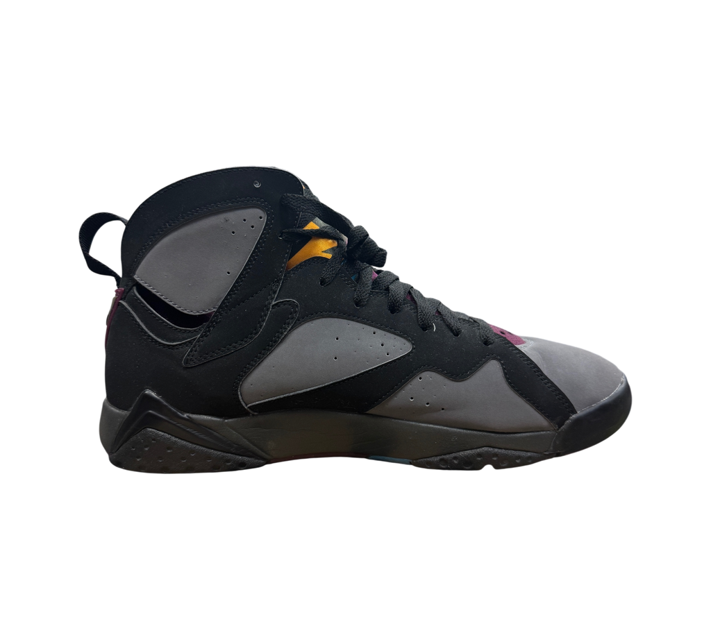 Genesis Boutique Jordan 7 Bordeaux sneakers in black and grey nubuck leather with yellow and purple accents