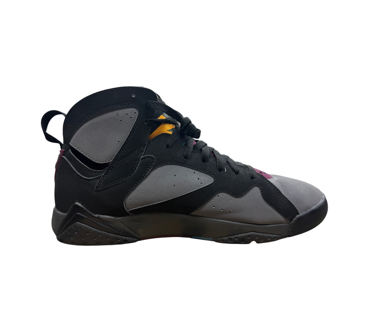 Genesis Boutique Jordan 7 Bordeaux sneakers in black and grey nubuck leather with yellow and purple accents