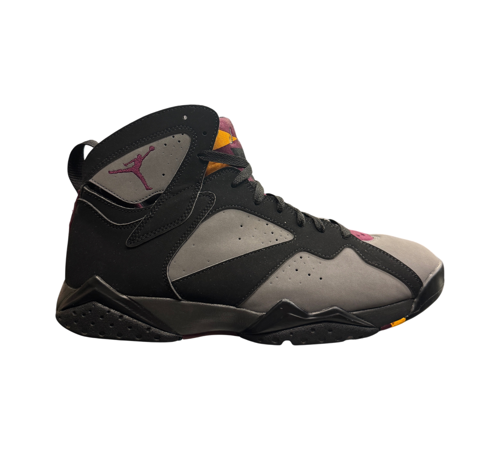 Genesis Boutique Jordan 7 Bordeaux sneakers in black and grey with purple accents, side profile view.