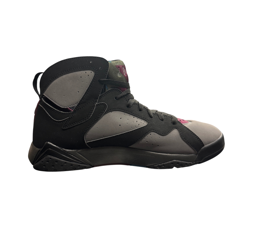 Genesis Boutique Jordan 7 Bordeaux sneakers in black and grey nubuck leather, side profile view on display case