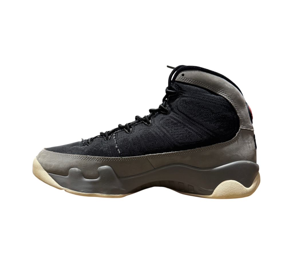Genesis Boutique pre-owned Jordan 9 Particle Grey high-top sneakers in black and grey suede with a cream midsole.
