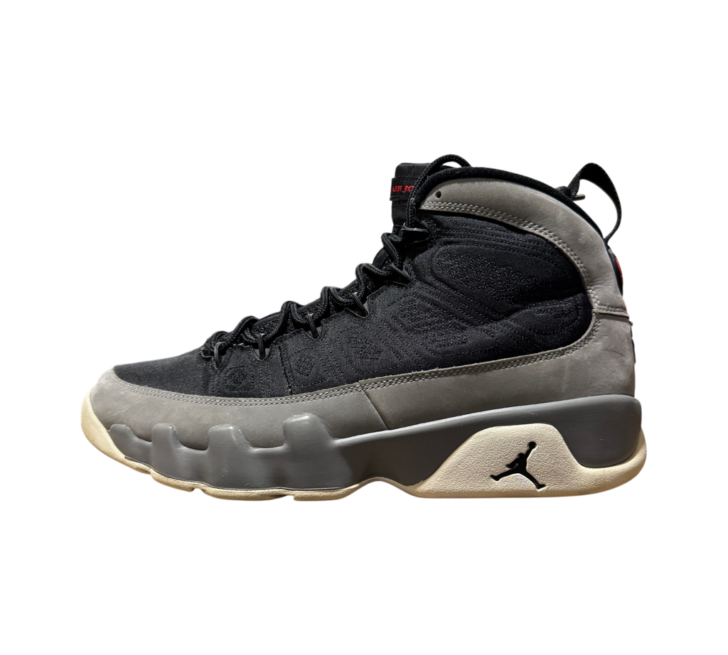 Genesis Boutique Jordan 9 Particle Grey high-top sneakers in black and grey nubuck leather with red accents