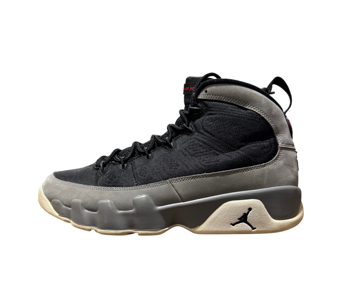 Genesis Boutique Jordan 9 Particle Grey high-top sneakers in black and grey nubuck leather with red accents