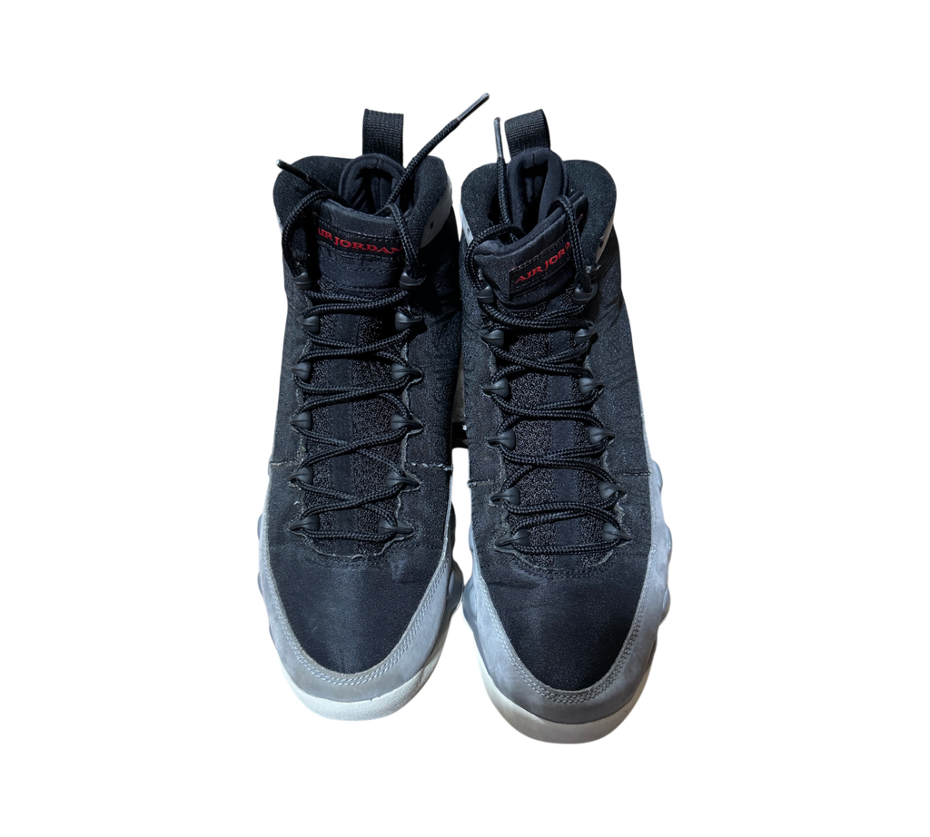 Genesis Boutique pre-owned Jordan 9 Particle Grey high-top sneakers in black and grey with red tongue branding