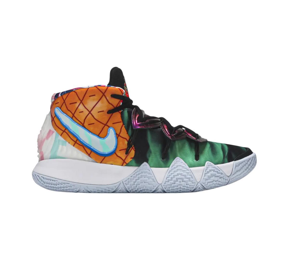 Genesis Boutique Kybrid S2 "Best Of" sneakers with pineapple and green tie-dye design, light blue Nike swoosh.