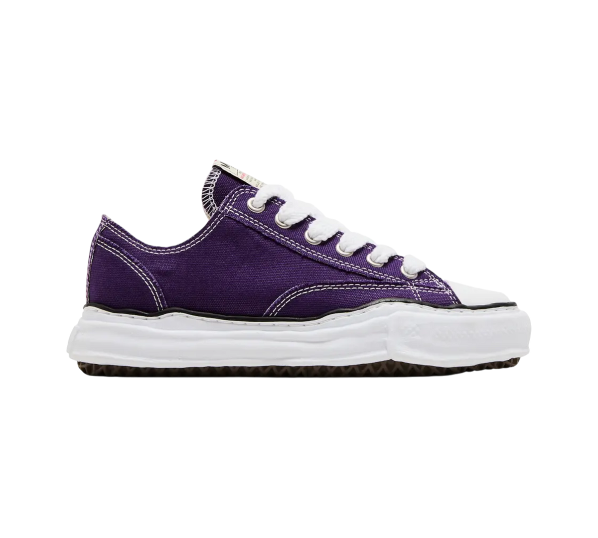 Maison Mihara Yasuhiro Peterson OG Sole low-top canvas sneakers in purple with white laces and contrast stitching.