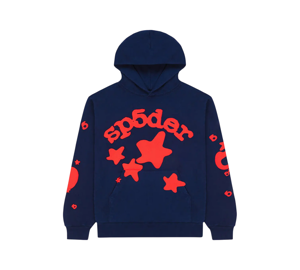 Genesis Boutique navy blue hoodie with red Sp5der logo and star graphics. Features a front pocket and hood.