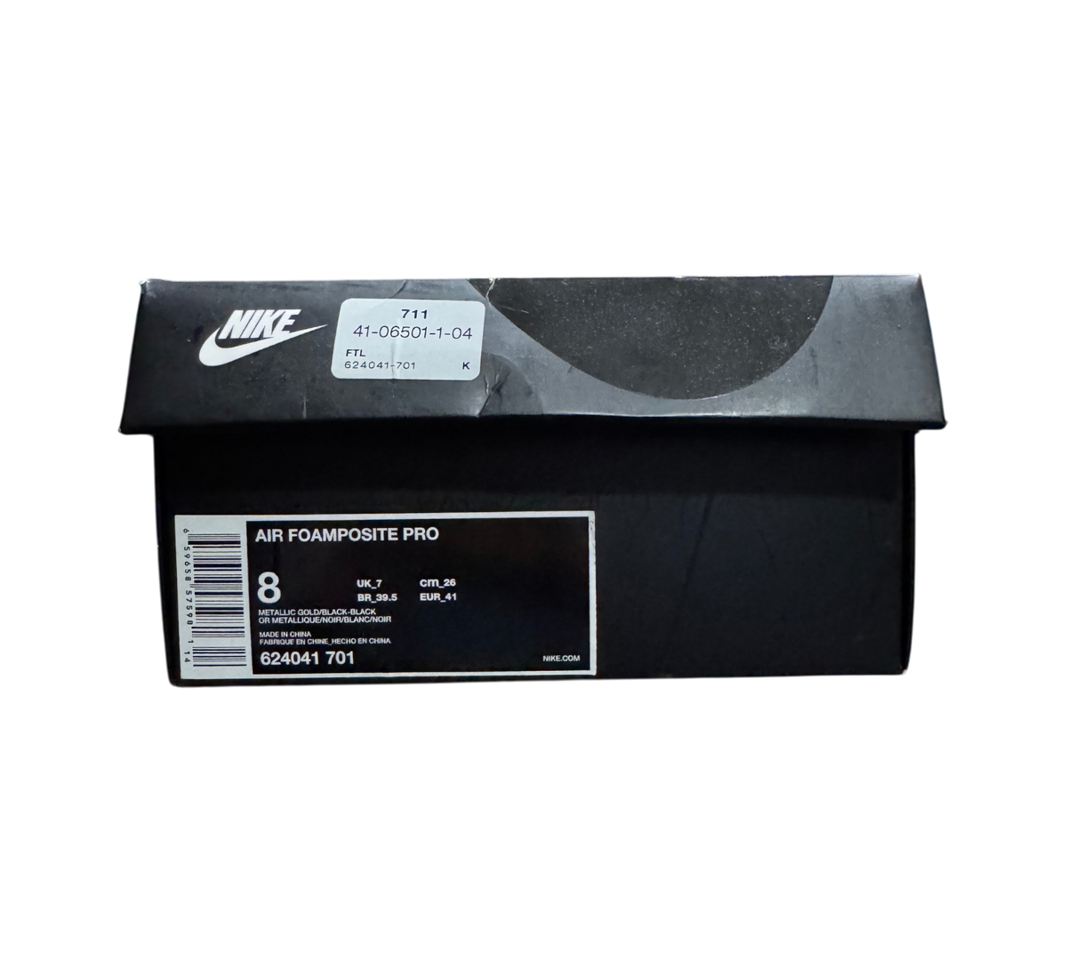 Genesis Boutique Nike Air Foamposite 1 Gold sneaker box with size 8 label and product details