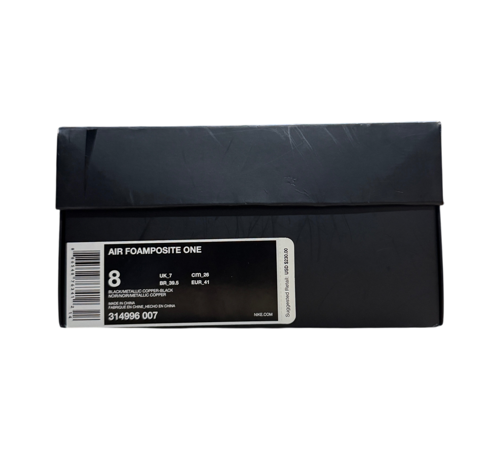 Genesis Boutique Nike Air Foamposite 1 Copper sneaker box with size 8 label in a warehouse setting