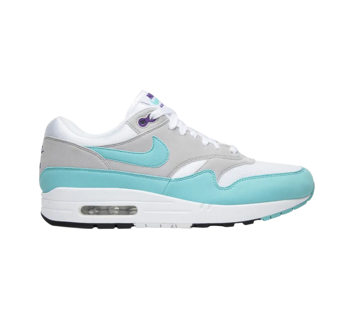 Genesis Boutique Nike Air Max 1 Anniversary Aqua shoes with white mesh, grey suede, and aqua accents.