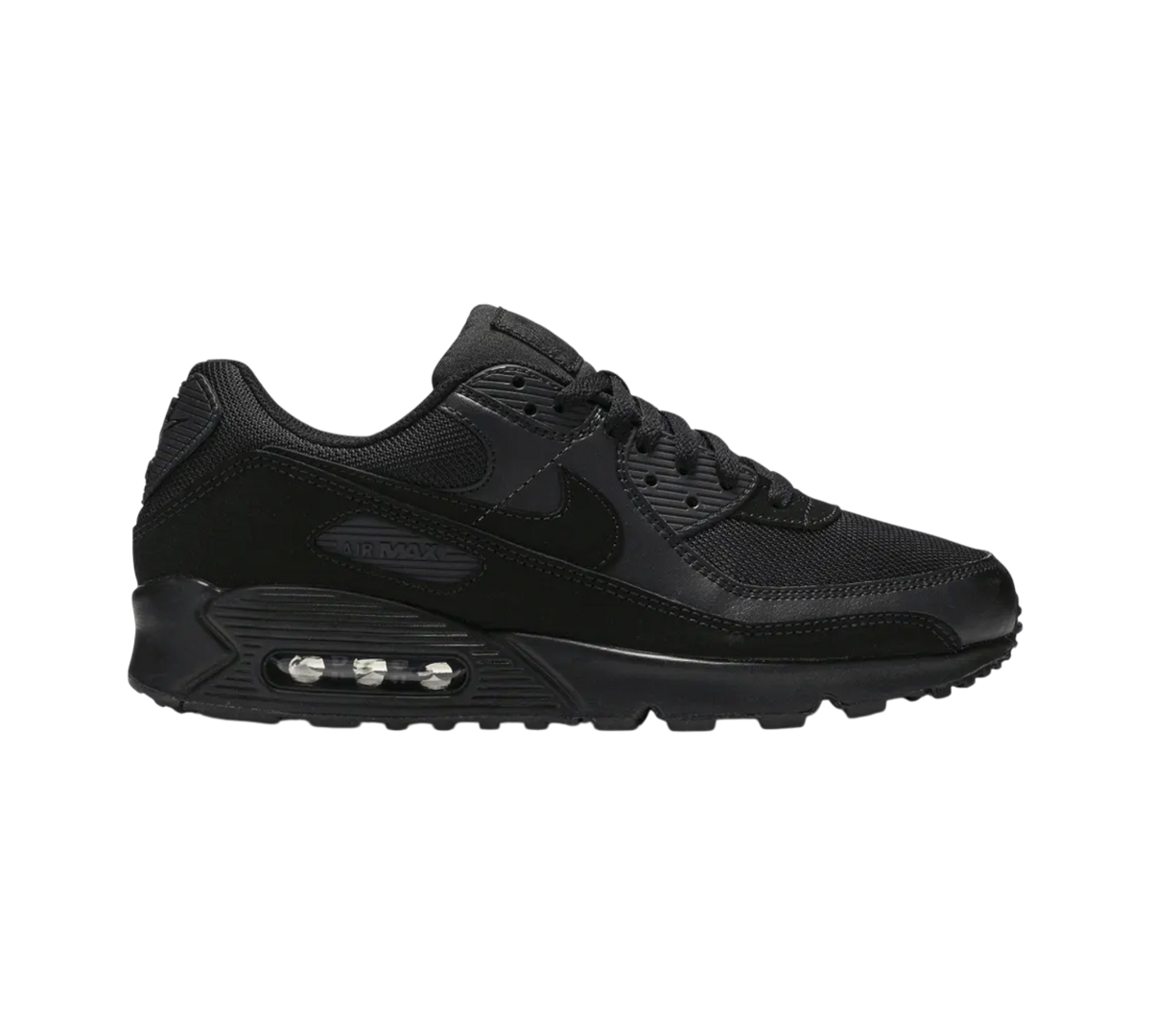 Genesis Boutique Nike Air Max 90 triple black sneakers with mesh and leather panels and visible Air Max cushioning.