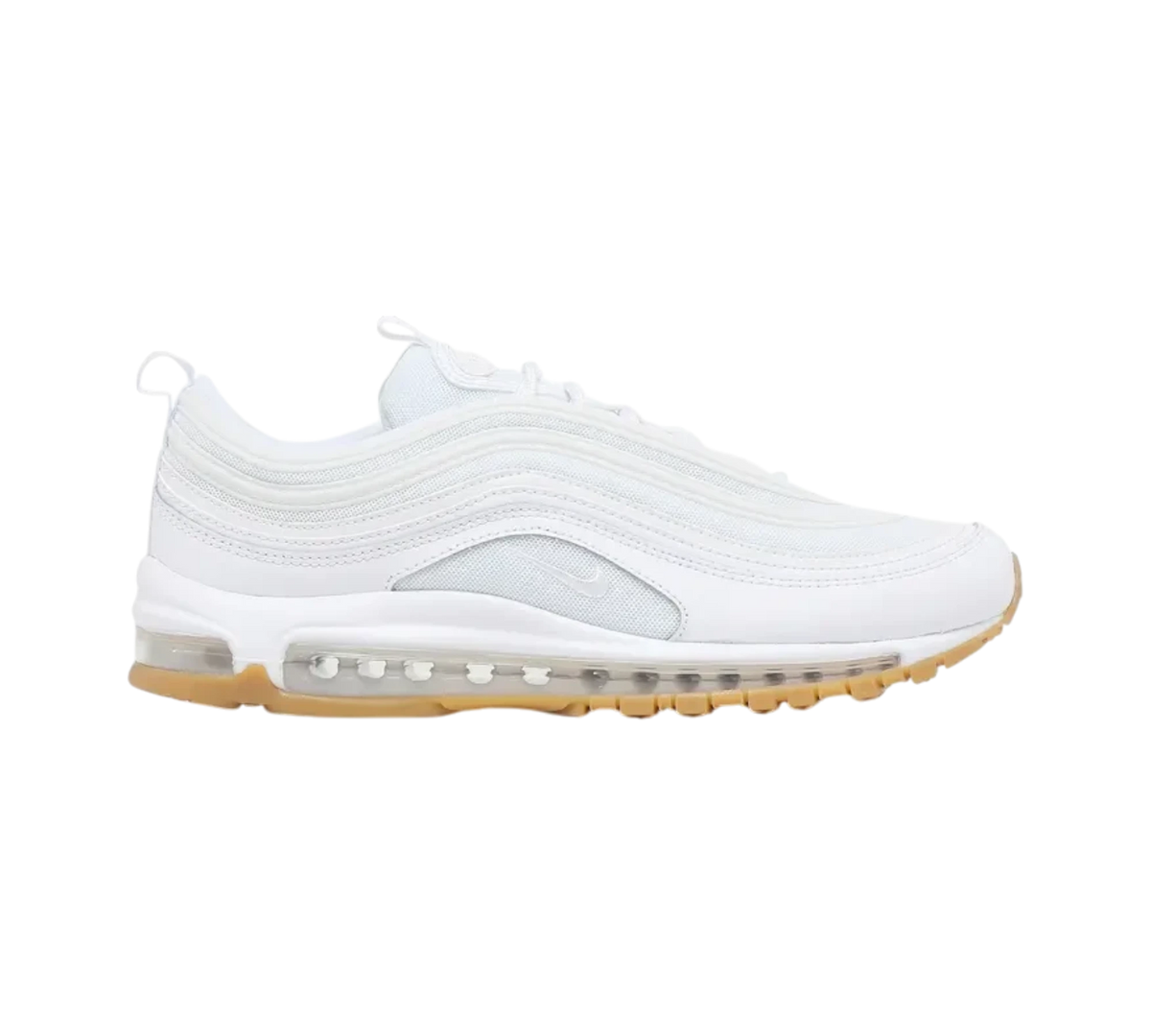 Genesis Boutique Nike Air Max 97 "White Gum" DJ2740-100 shoes with white mesh and leather upper and gum sole.