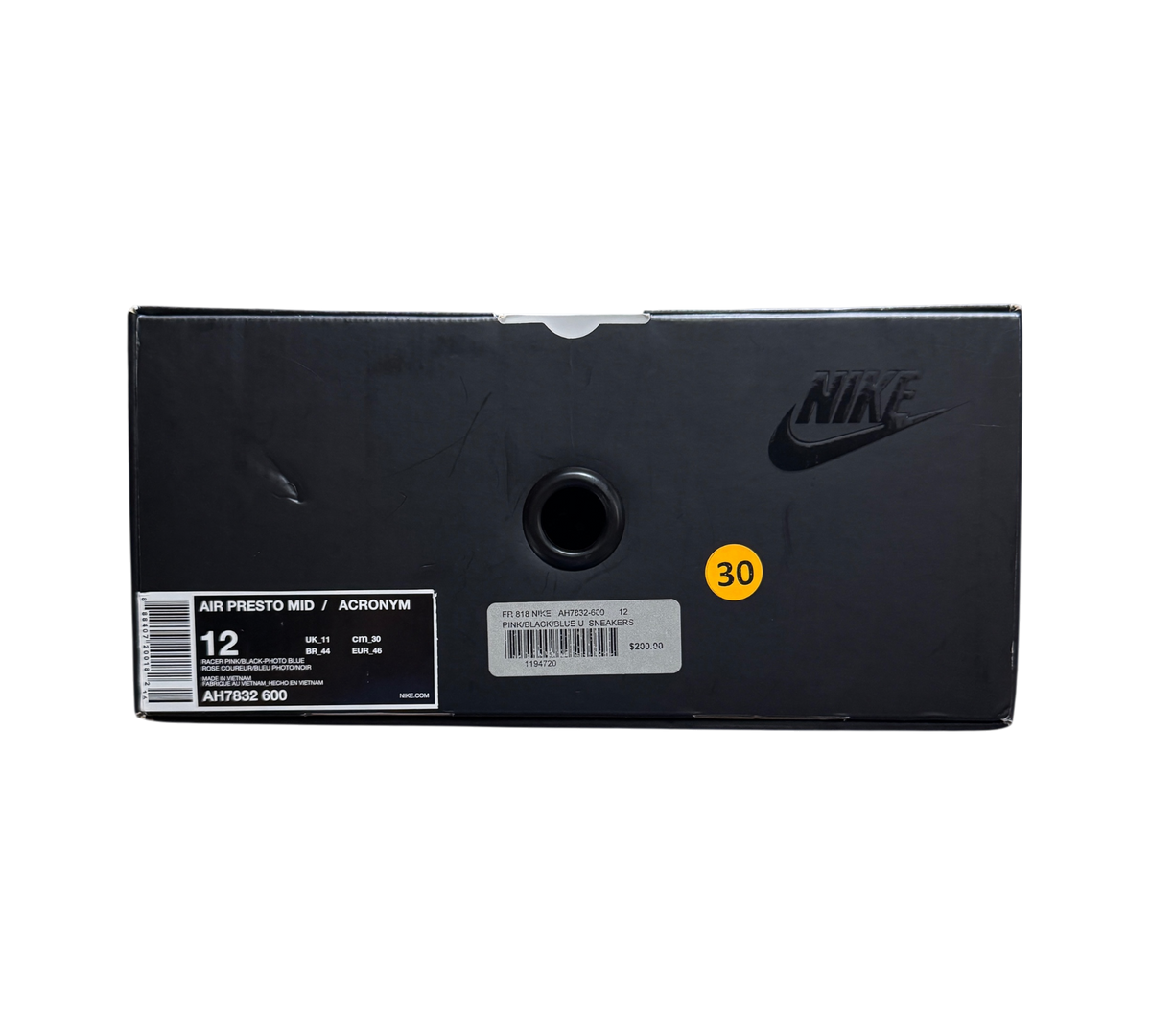Genesis Boutique Nike Air Presto Mid Acronym Racer Pink sneaker box with size 12 label and Nike branding