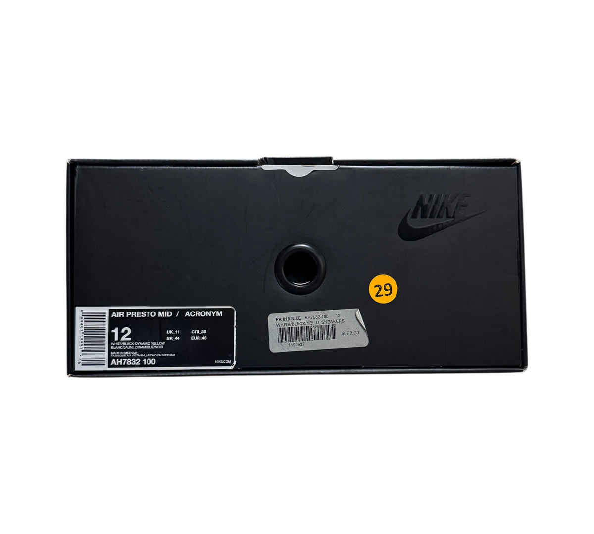 Genesis Boutique black Nike Air Presto Mid Acronym Dynamic Yellow sneaker box with size 12 label