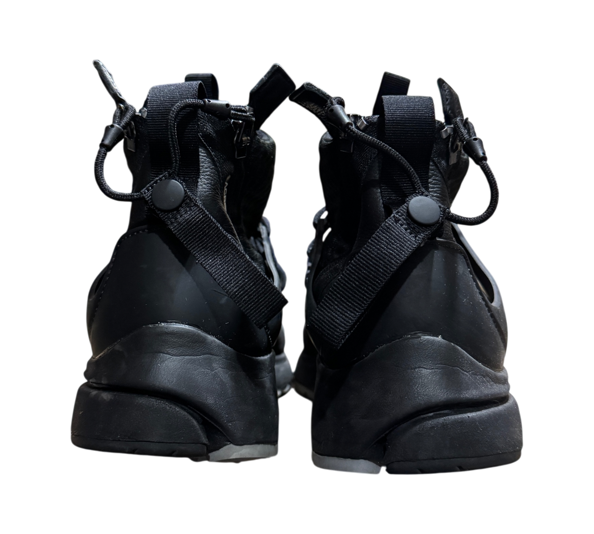 Genesis Boutique Nike Air Presto Mid Acronym Cool Grey sneakers viewed from the back showing zipper and strap details