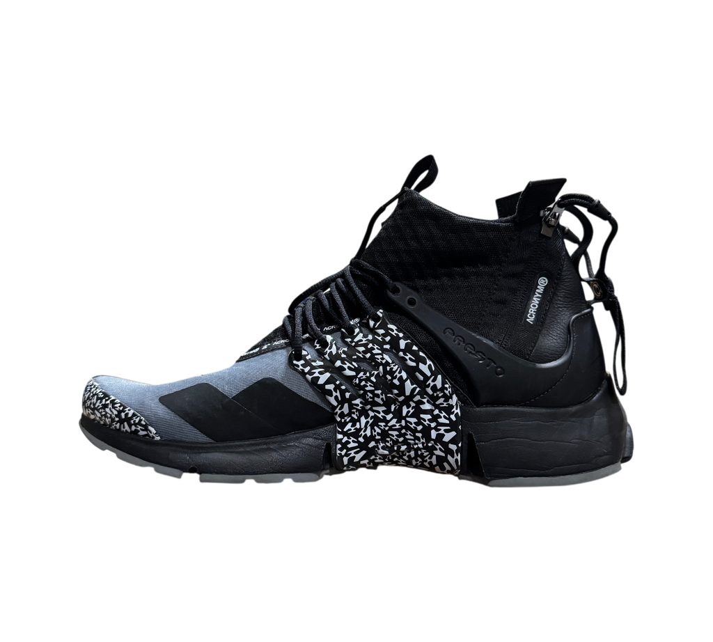 Genesis Boutique Nike Air Presto Mid Acronym Cool Grey sneaker with black and grey patterned side cage and zipper