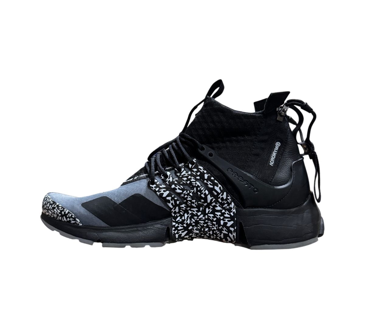 Genesis Boutique Nike Air Presto Mid Acronym Cool Grey sneaker with black and grey patterned side cage and zipper