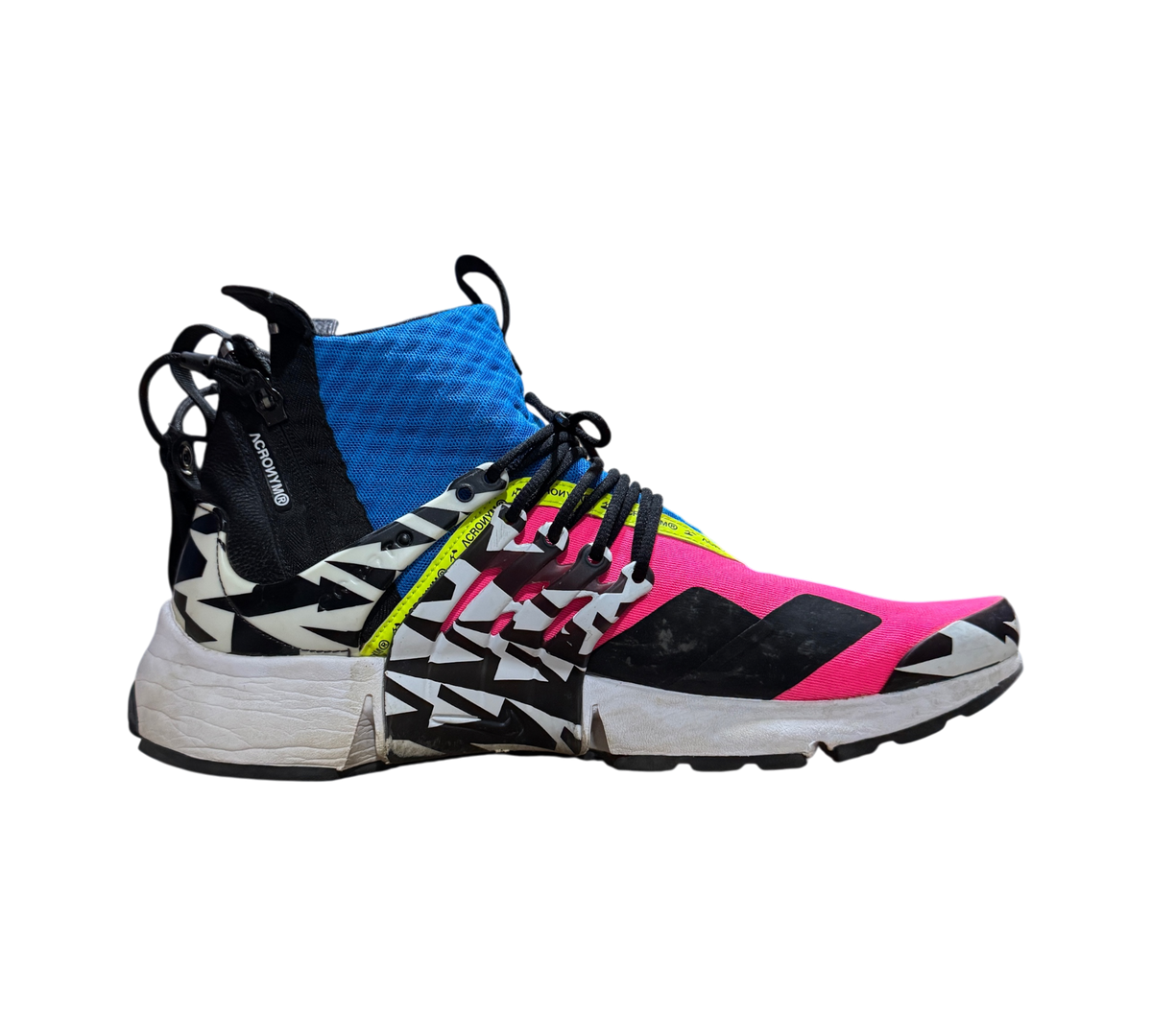 Genesis Boutique Nike Air Presto Mid Acronym Racer Pink sneaker with blue, black, and white geometric patterns
