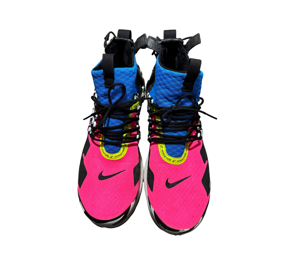 Genesis Boutique Nike Air Presto Mid Acronym Racer Pink sneakers featuring vibrant pink, blue, and black panels.