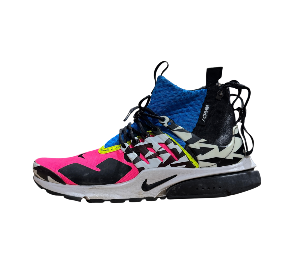 Genesis Boutique Nike Air Presto Mid Acronym Racer Pink sneaker with blue, black, and neon pink geometric patterns