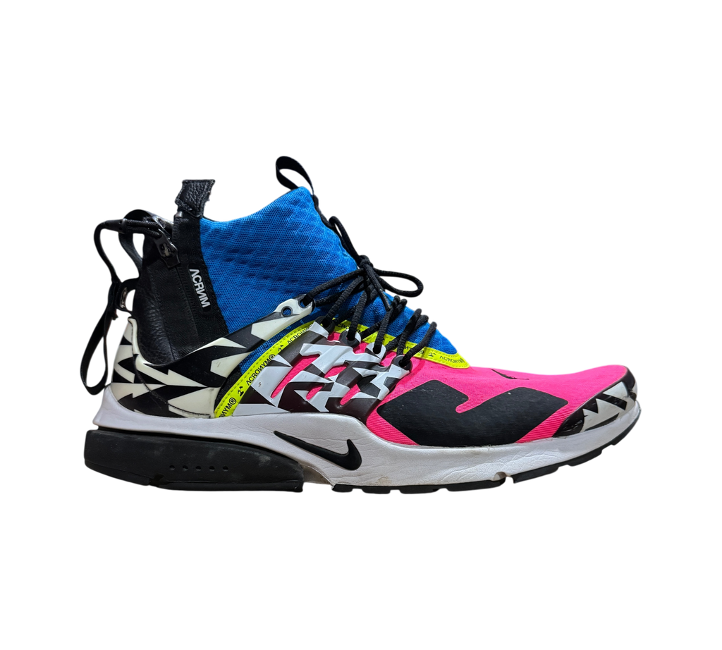 Genesis Boutique Nike Air Presto Mid Acronym Racer Pink sneaker with blue, black, and white geometric patterns