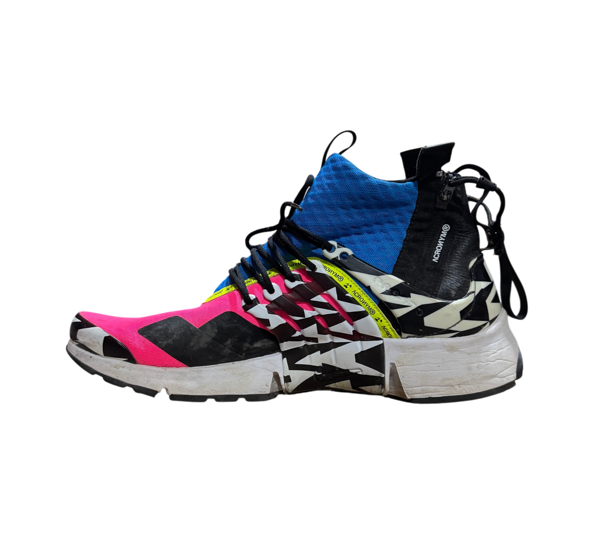 Genesis Boutique Nike Air Presto Mid Acronym Racer Pink sneaker with blue, black, and neon pink geometric patterns.