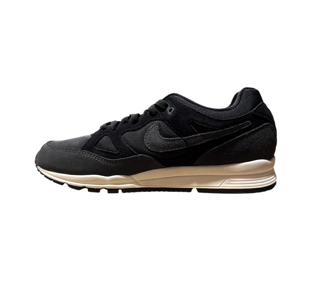 Genesis Boutique Nike Air Span II sneakers in black and anthracite with a white midsole, side profile view.