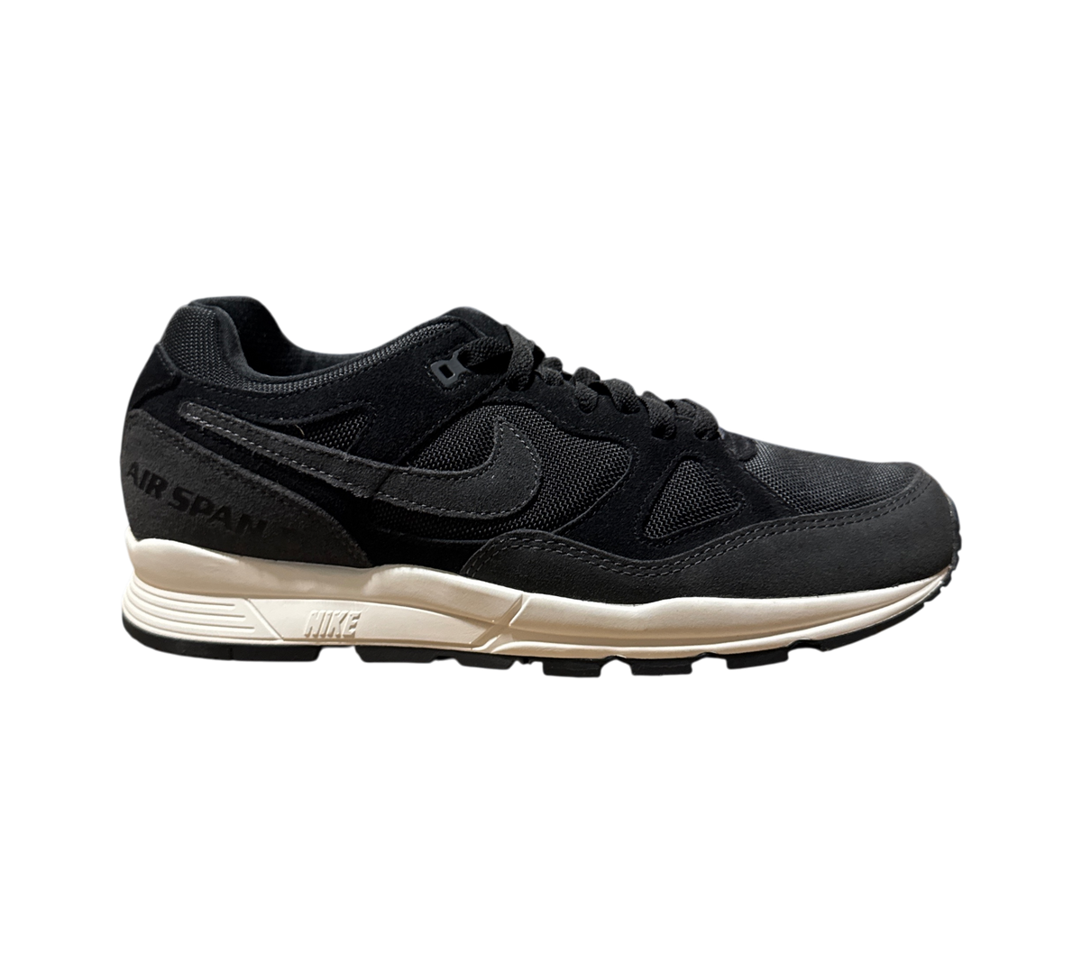 Genesis Boutique Nike Air Span II sneakers in black and anthracite with a white midsole, side profile view.