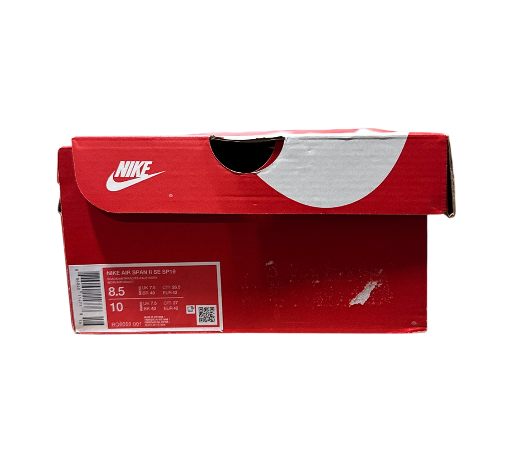 Genesis Boutique Nike Air Span II Black Anthracite sneaker box with size label showing US 8.5 and 10