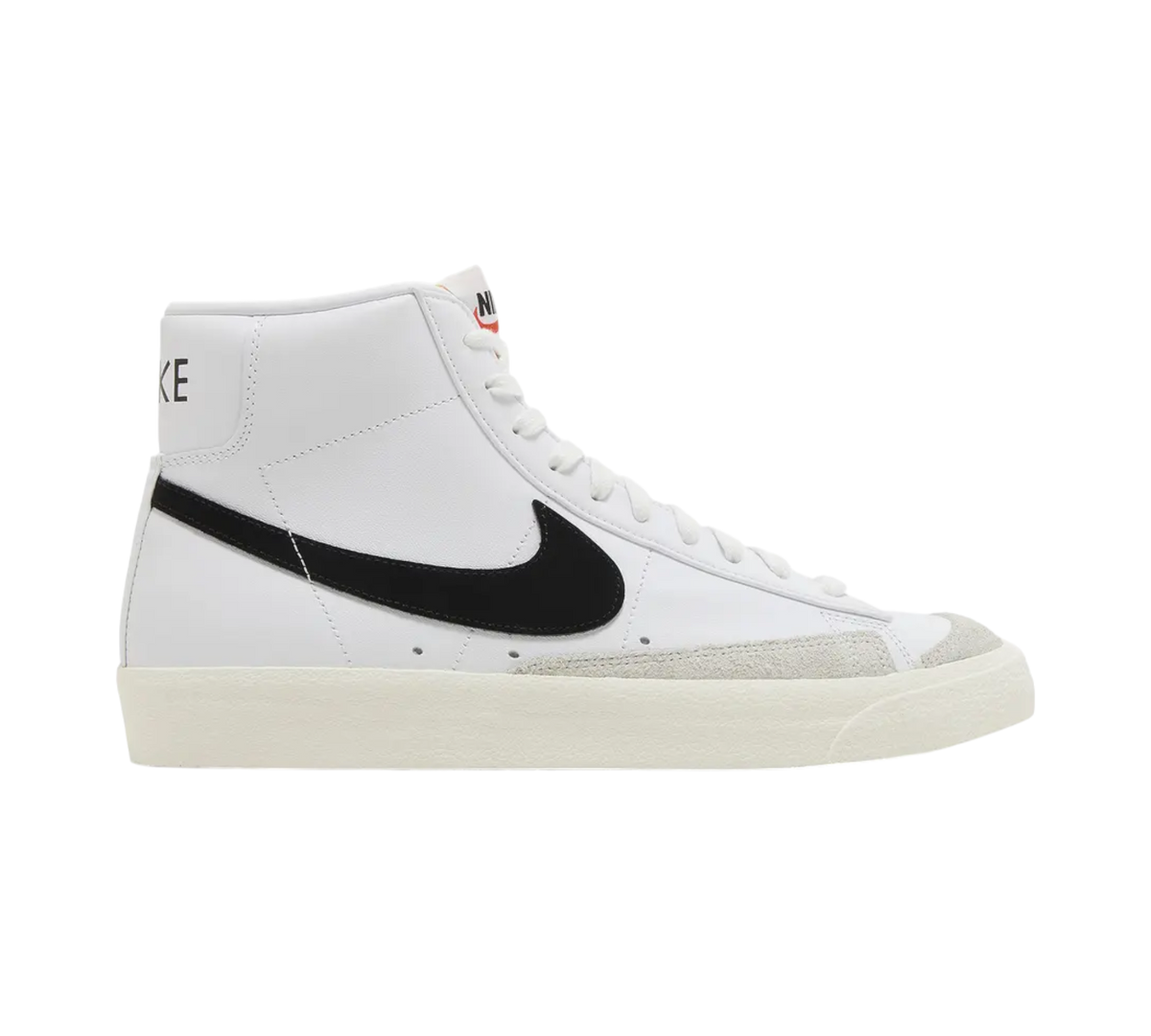Genesis Boutique Nike Blazer '77 VNTG high-top sneakers in white leather with black swoosh and grey suede toe cap.