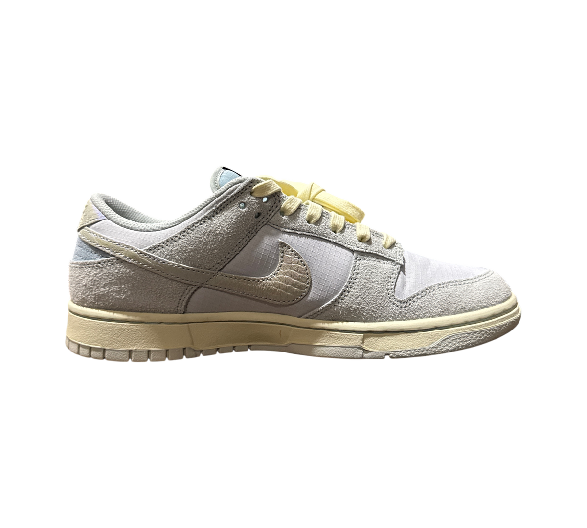 Genesis Boutique Nike Dunk Low Gone Fishing Chinook Salmon sneaker in grey suede and textured fabric side view