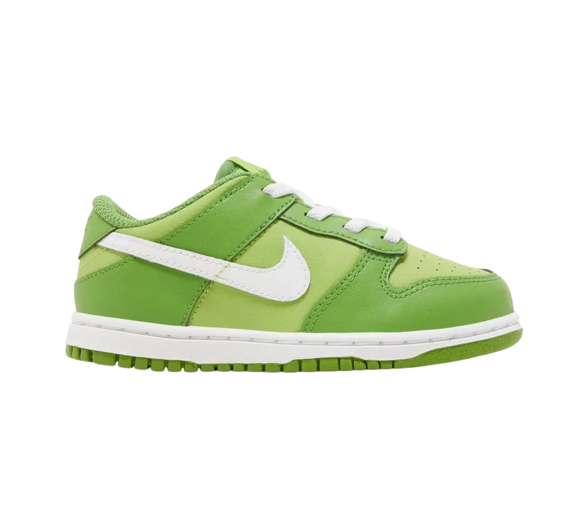 Genesis Boutique Nike Dunk Low TD "Chlorophyll" shoes in lime green and white leather with white laces and sole.