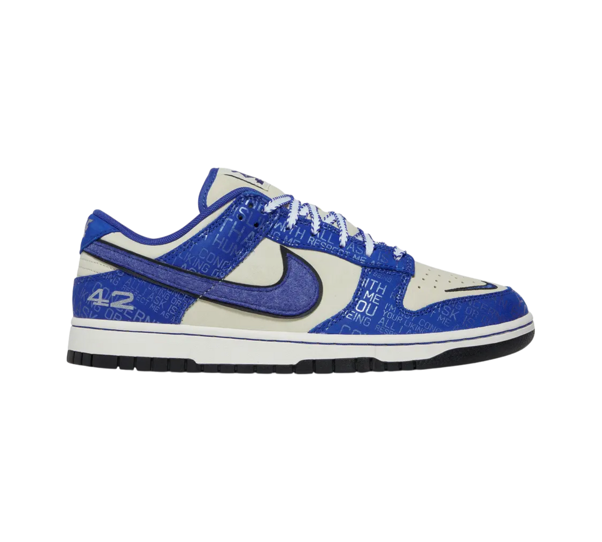 Genesis Boutique Nike Dunk Low Jackie Robinson shoes in cream and royal blue with text print and "42" detail.