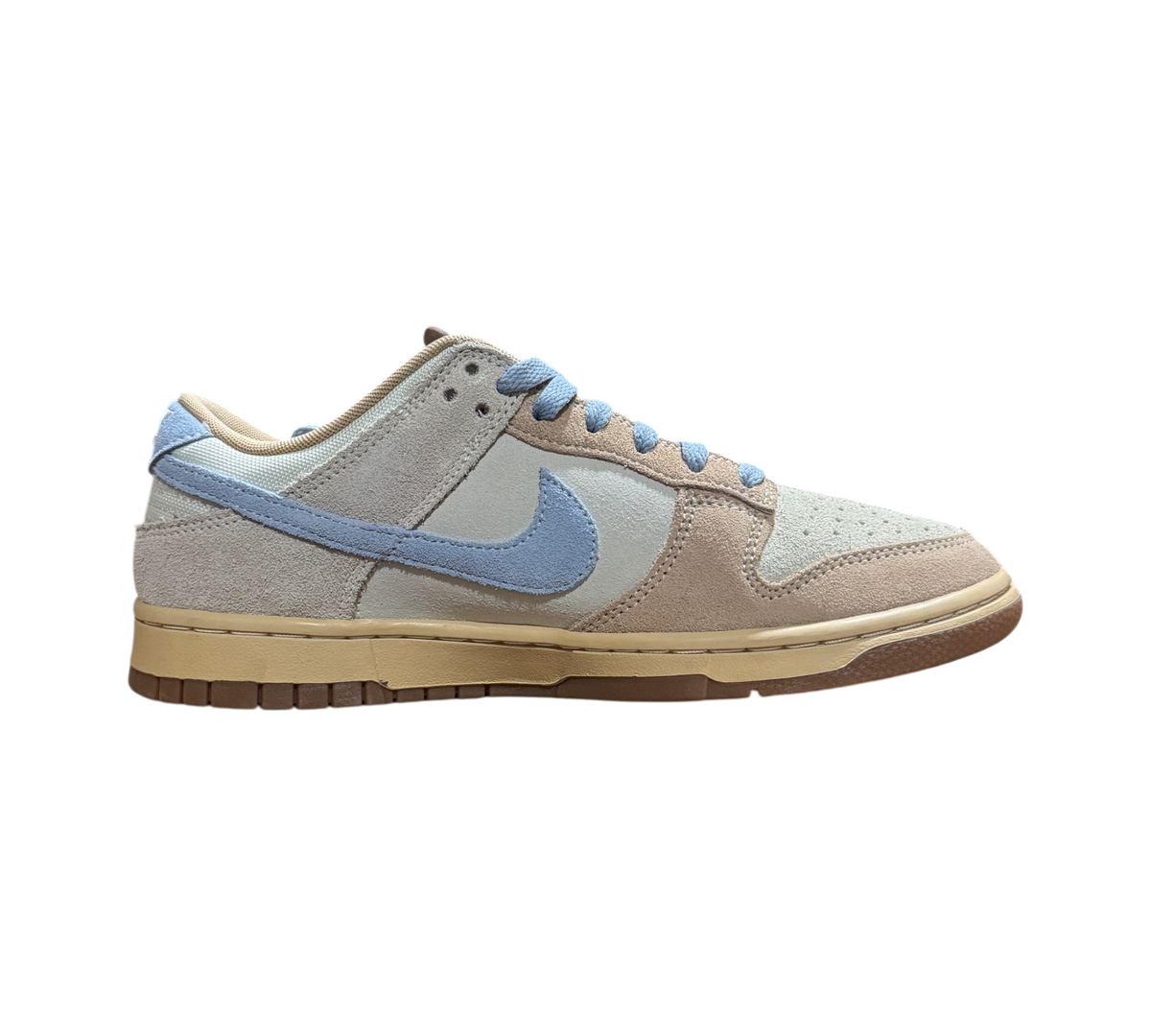 Genesis Boutique Nike Dunk Low Sanddrift Light Armory Blue sneakers in suede and leather with a side profile view