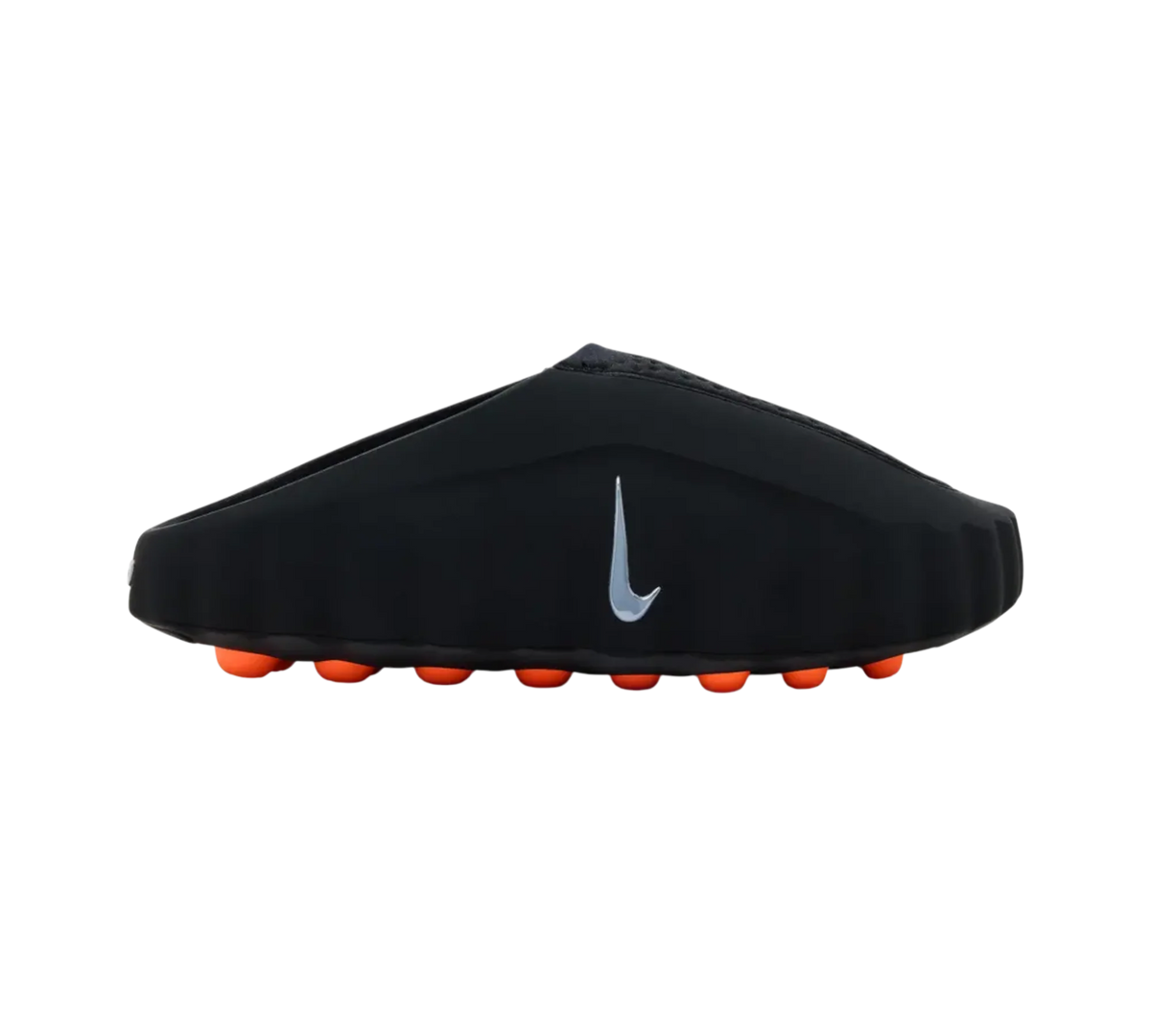 Genesis Boutique Nike Mind 001 Slide in black with chrome swoosh and orange studded outsole side view