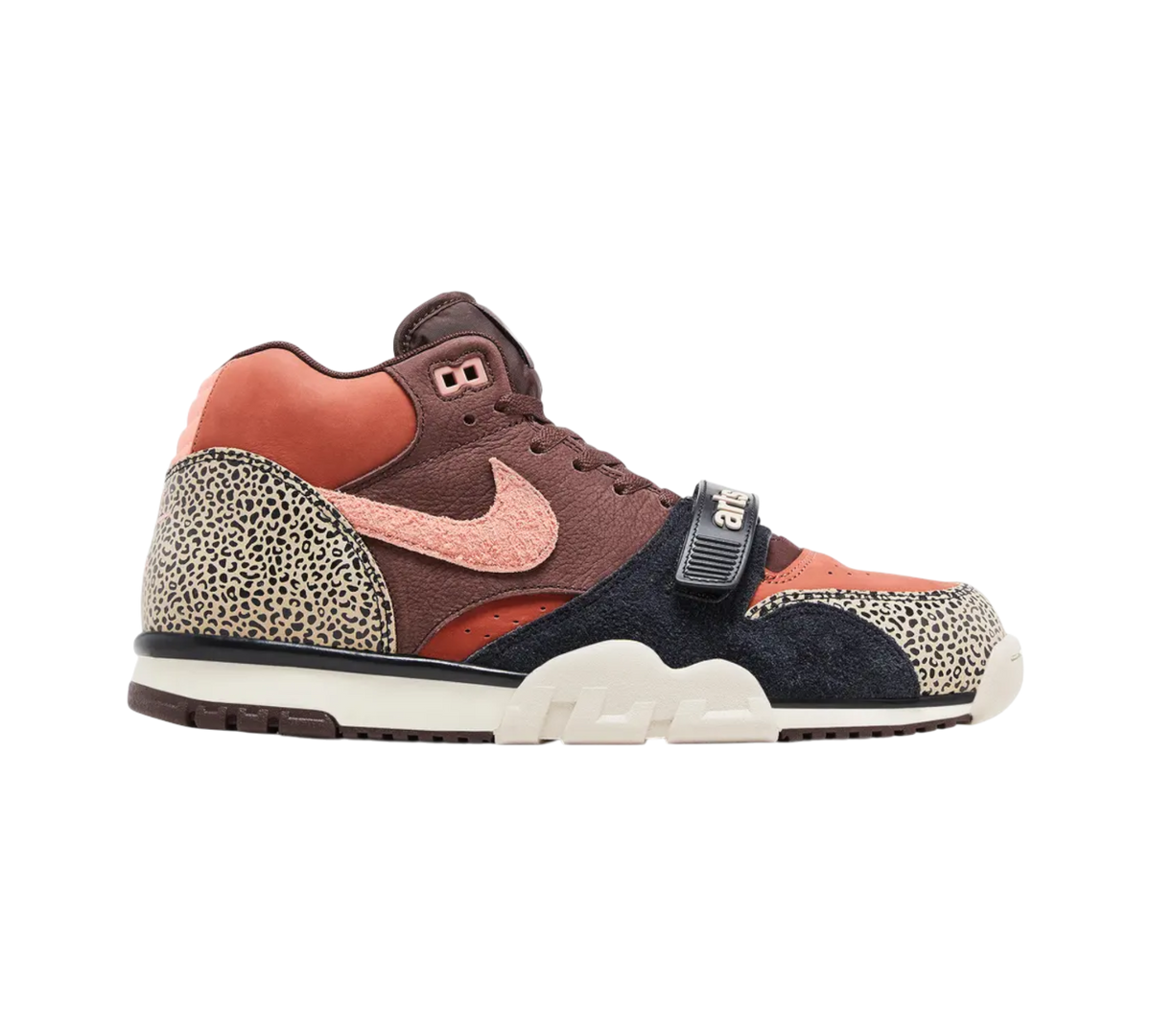 Genesis Boutique Nike SB Air Trainer Low Art-Recs sneaker featuring brown leather, leopard print, and pink swoosh.