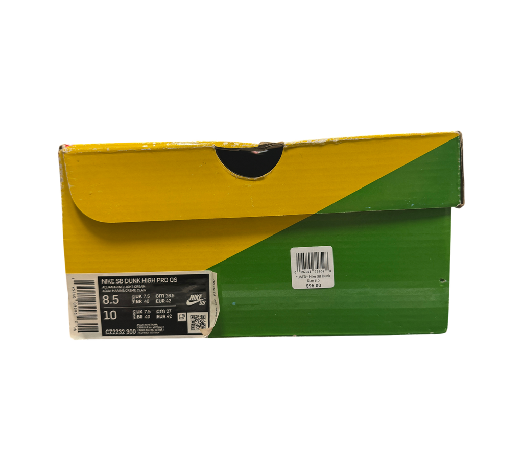 Genesis Boutique Nike SB Dunk High Hawaii shoe box with green and yellow branding and size label