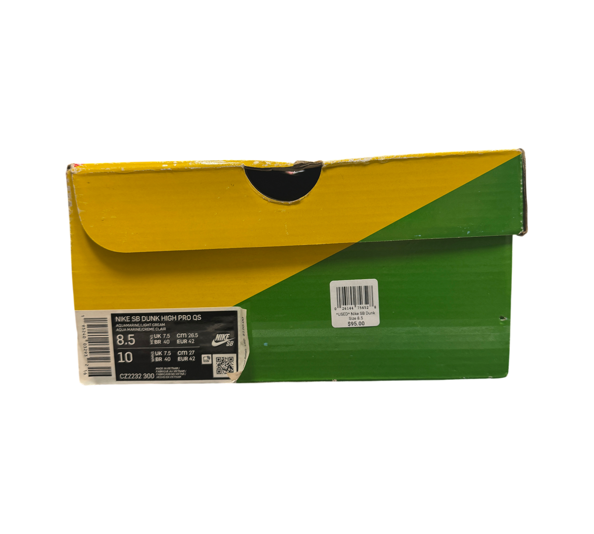 Genesis Boutique Nike SB Dunk High Hawaii shoe box with green and yellow branding and size label
