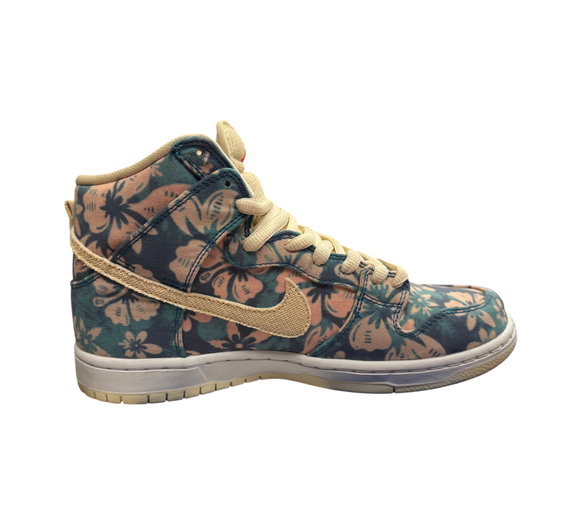 Genesis Boutique Nike SB Dunk High Hawaii sneaker with floral print canvas upper and beige swoosh side profile