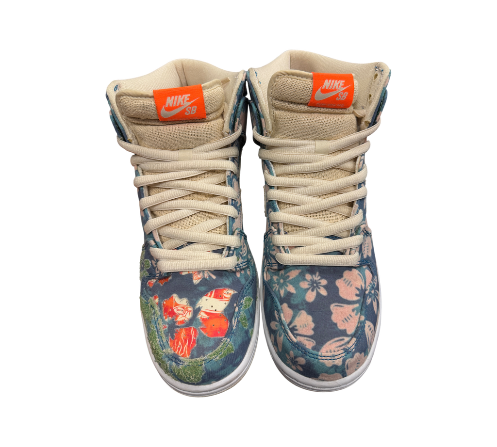 Genesis Boutique used Nike SB Dunk High Hawaii sneakers with floral print and torn fabric details on the right shoe