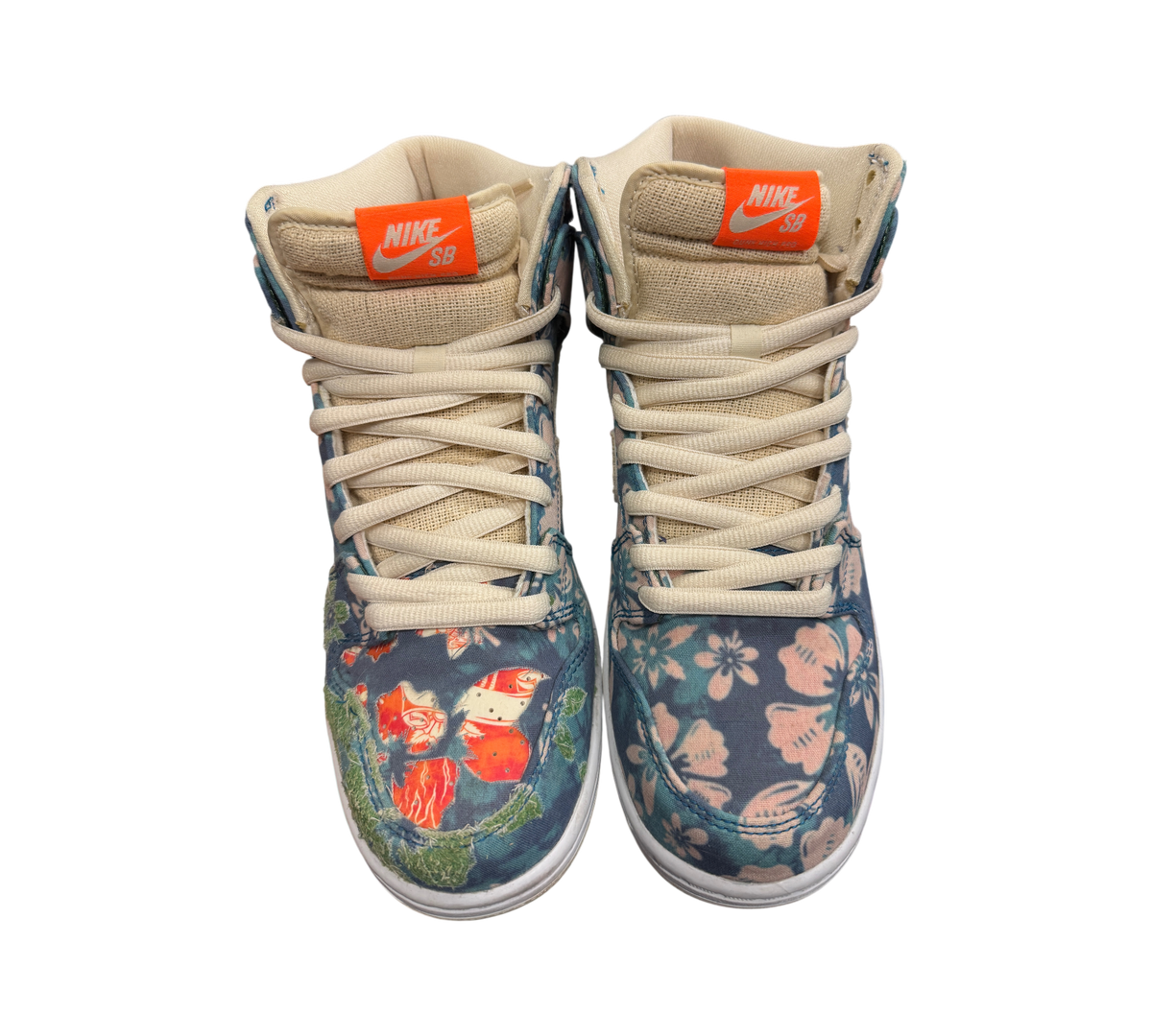 Genesis Boutique used Nike SB Dunk High Hawaii sneakers with floral print and torn fabric details on the right shoe
