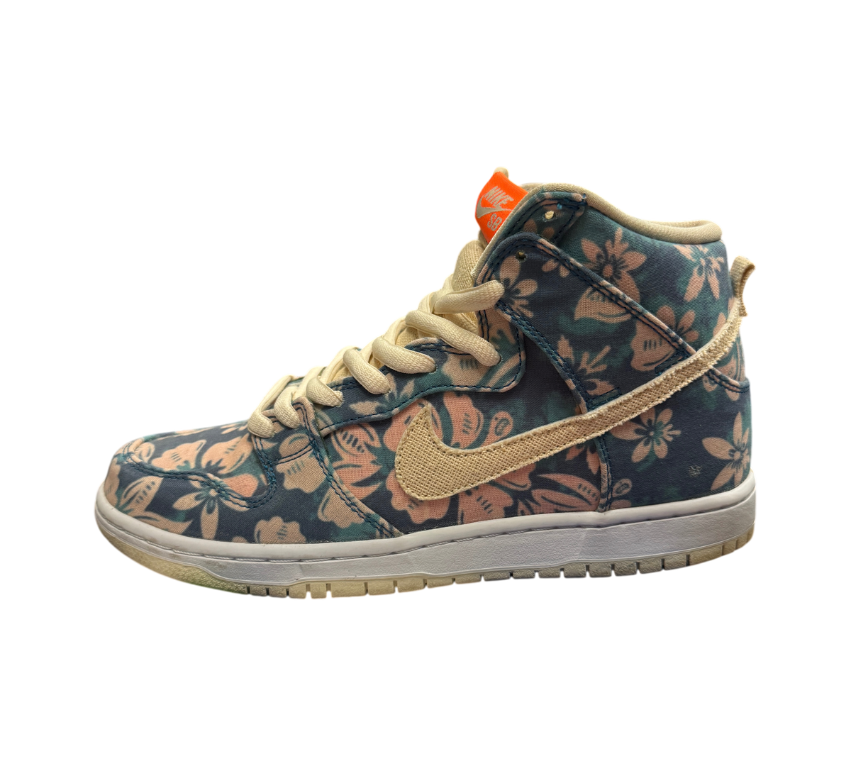 Genesis Boutique used Nike SB Dunk High Hawaii sneakers with floral print canvas upper and beige swoosh