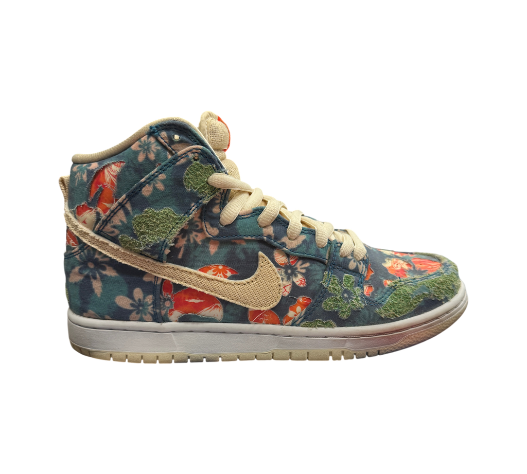 Genesis Boutique used Nike SB Dunk High Hawaii sneakers featuring a blue floral canvas upper with tear-away details