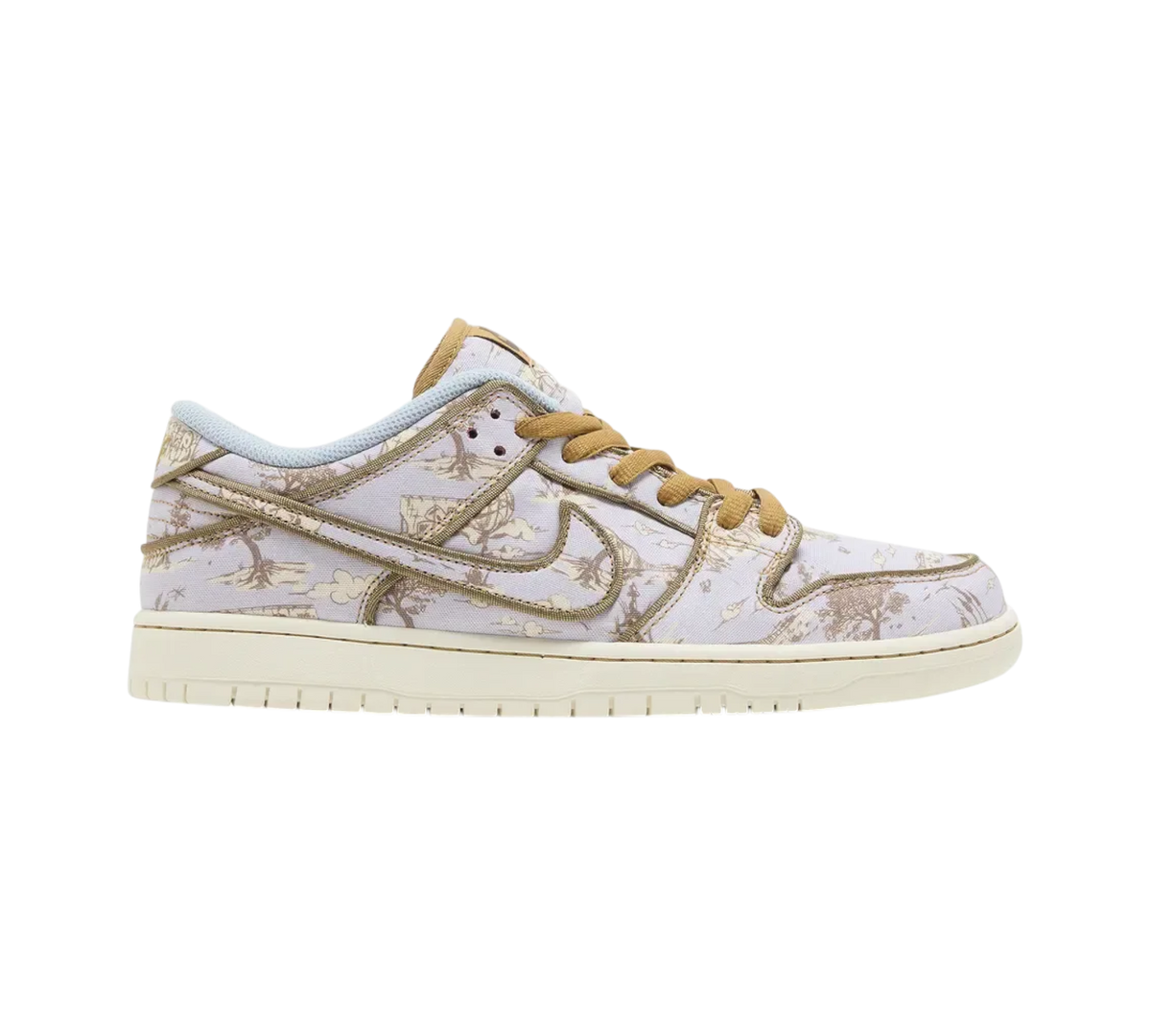 Genesis Boutique Nike SB Dunk Low City of Style sneakers featuring a light purple canvas upper with brown print.