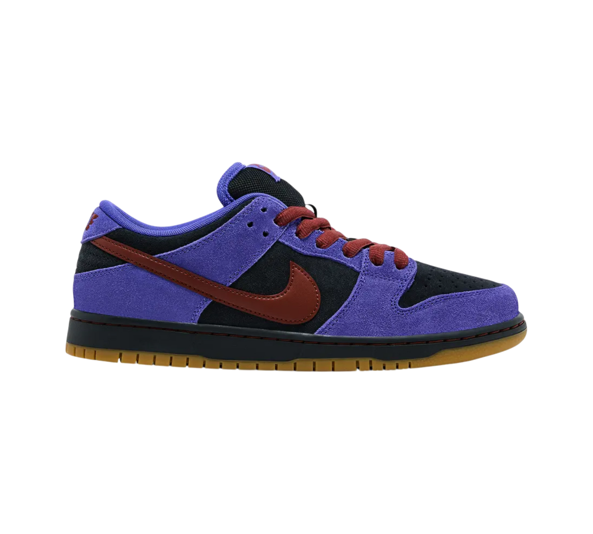 Genesis Boutique Nike SB Dunk Low Persian Violet sneakers featuring purple suede, black panels, and dark red swoosh.